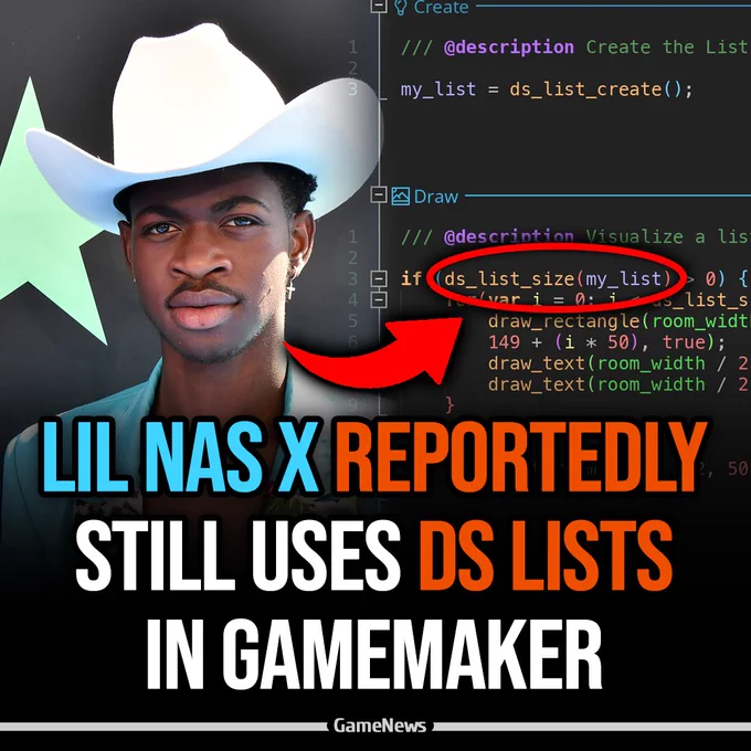 Meme-style thumbnail showing Lil Nas X in a white cowboy hat beside GameMaker code with ds_list_size(my_list) circled in red. Text reads: “LIL NAS X REPORTEDLY STILL USES DS LISTS IN GAMEMAKER.”