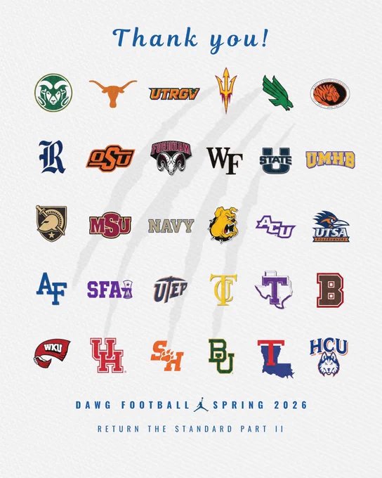 Thank you” graphic featuring logos from multiple college football programs arranged on a white textured background with a faded Bulldawg silhouette in the center. Bottom text reads “Dawg Football Spring 2026” and “Return The Standard Part II.”