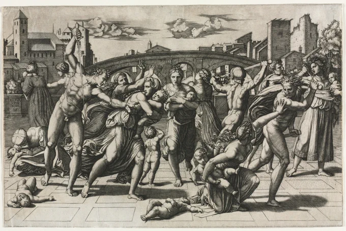 The Massacre of the Innocents (Without the Fir Tree), Marcantonio Raimondi
(Italian, 1470/82–1527/34) after Raphael
(Italian, 1483–1520)

Black and white art of a group of nude men killing babies and children in a medieval town square while the children's mothers try to protect them.