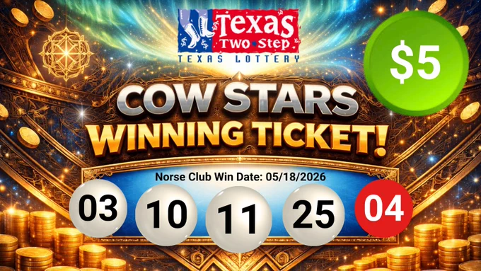 Bright and celebratory graphic showcasing a Texas Two Step lottery winning ticket with vibrant colors and gold elements. The image emphasizes a winning theme with energetic text and visual excitement.