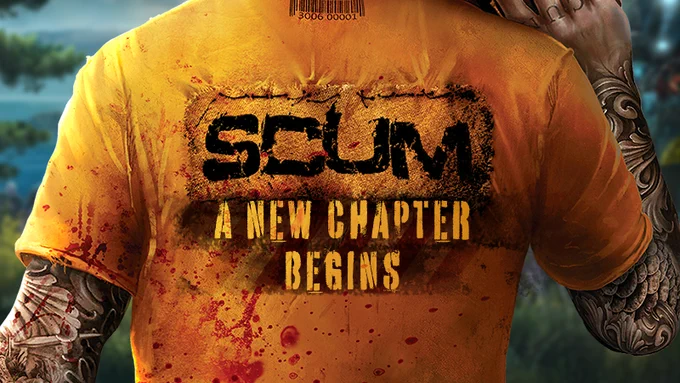 Close-up of SCUM key art showing a prisoner in an orange shirt with a gun over his shoulder and “A New Chapter Begins” on his back