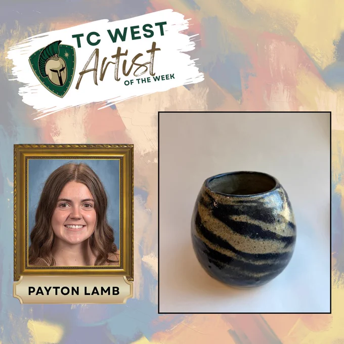 Two images. A smiling woman with brown hair, Payton Lamb. Next to it, a blue and white striped ceramic vase.
