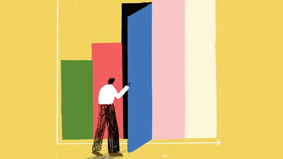 An illustration shows a person standing in front of a large, open blue door that is part of a bar graph. The bars are in green, red, blue, and pink, with the blue bar being the tallest and shaped like a door. The background is yellow, and there is an arrow at the bottom right indicating growth or progress.