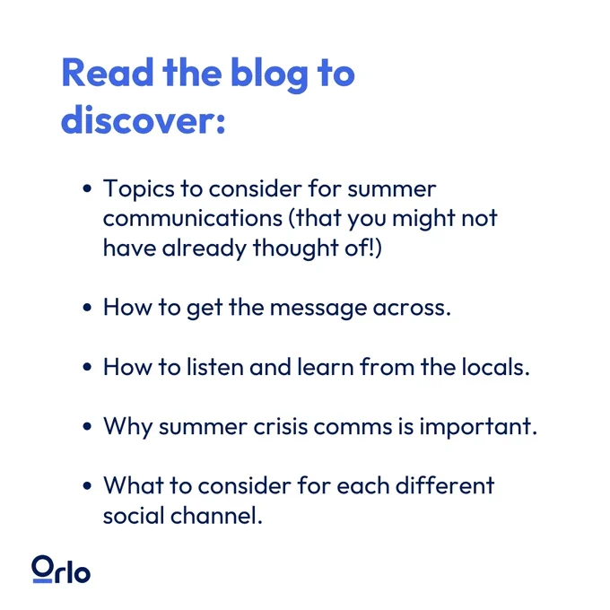 Blog post topics: summer communications, message delivery, listening to locals, crisis comms, social channels. Orlo logo.