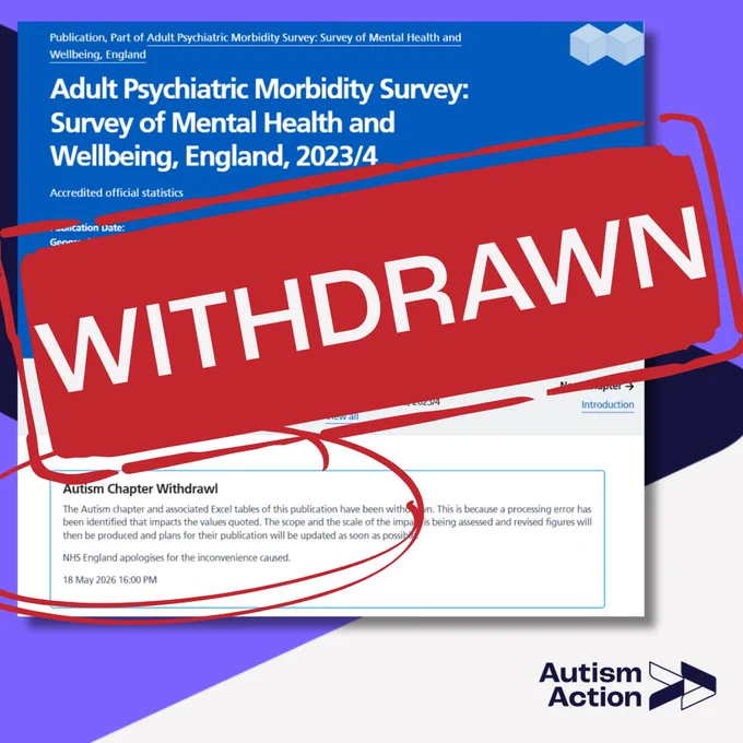 Image shows a screengrab of the Adult Psychiatric Morbidity Survey with the word WITHDRAWN stamped over it in white on red. This all sits on Autism Action coloured background of indigo, purple and white, with the Autism Action logo bottom right.