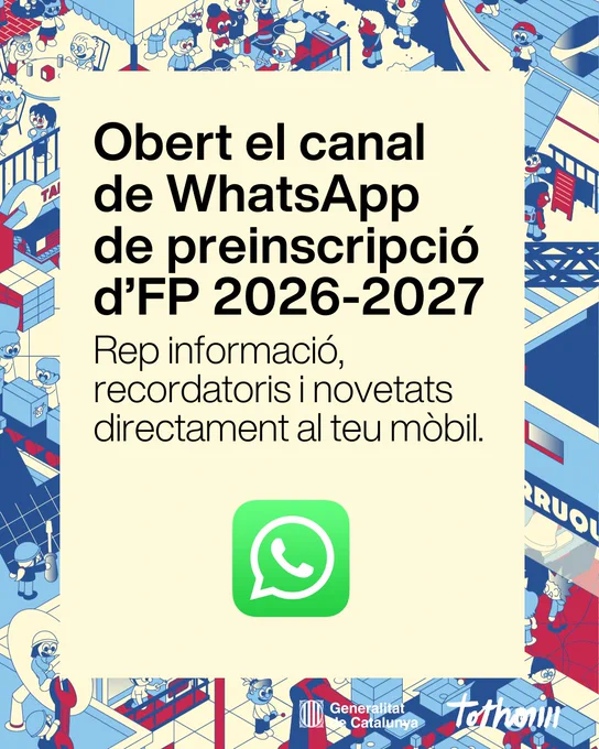 Una imatge on diu: obert el canal de WhatsApp de preinscripció d'FP 2026-2027. Rep informació, recordatoris i novetats directament al teu mòbil. 