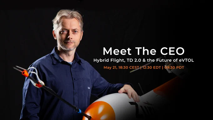 Michal Illich, Zuri CEO, with the V1NG subscale model. Meet The CEO live with eVTOL Hub, May 21, 18:30 CEST.