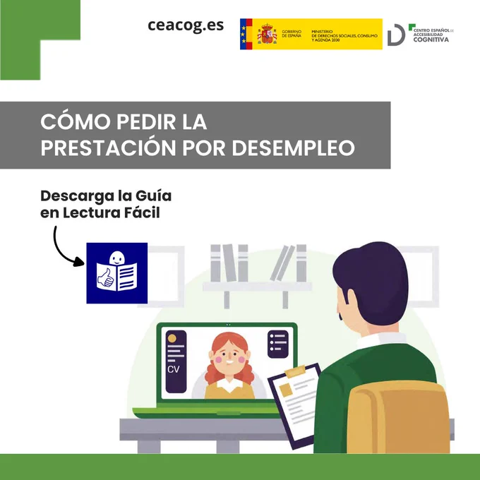 Cartel del CEACOG sobre cómo pedir la prestación por desempleo, con acceso a una guía en lectura fácil e ilustración de una gestión laboral online.