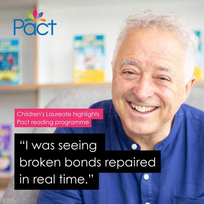 Close-up portrait of Frank Cottrell Boyce wearing a blue shirt, seated indoors with a blurred bookshelf in the background. The Pact logo appears in the top left. Overlaid text reads: “Children’s Laureate highlights Pact reading programme” and “I was seeing broken bonds repaired in real time.”