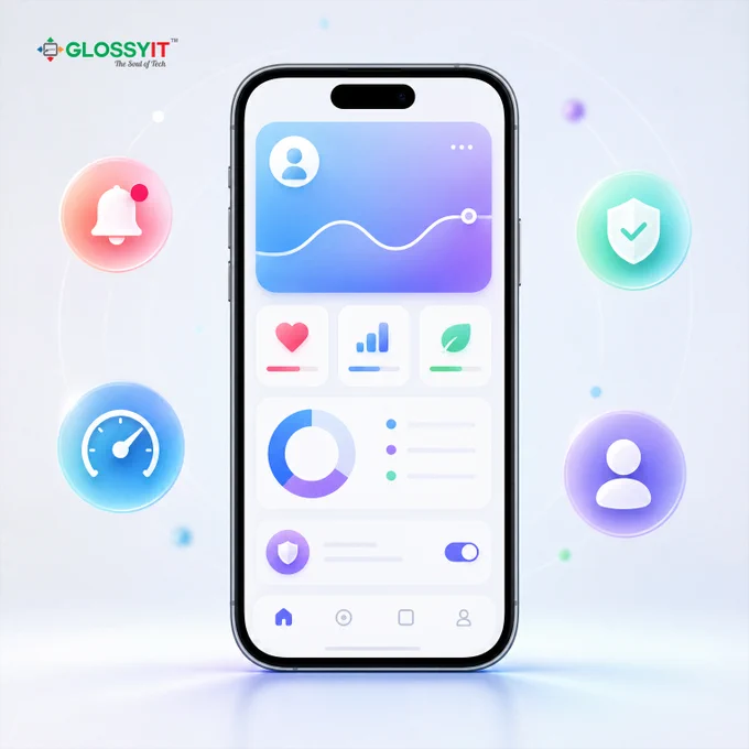Center focus on smartphone UI. Around it floating minimal icons (notification, speed, security, user). Bright modern UI design.