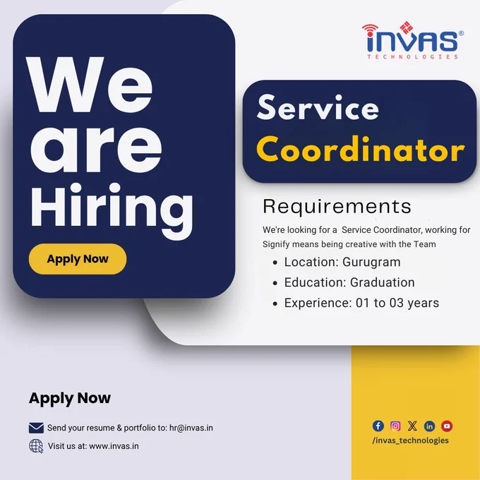 We are hiring for the position of Service Coordinator
📍Location: Gurugram
🎓Education: Graduation
📅Experience: 01 to 03 years
Interested candidates share their resume at -: hr@invas.in
Visit our website for more information: https://invas.in/careers
.
.
.
.
.
#hiring #hiringnow #hiringalert #hiringimmediately #hiring2025 #hiringurgently #hiringpost #hiringfreshers #job #jobalert #jobhunt #NCRJobs #Gurgaon #jobs #jobseekers #gurugramjobs #delhijobs #panindia #panindiajobs #gurugramjobs #gurugramcity
