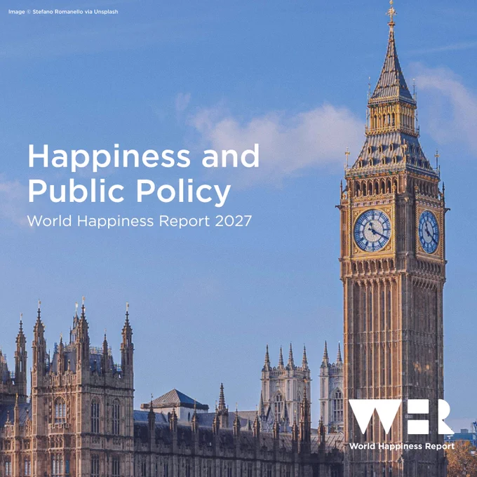 Photo of Westminster, with the heading 'Happiness and Public Policy'. The. subtitle reads 'World Happiness Report 2027'.