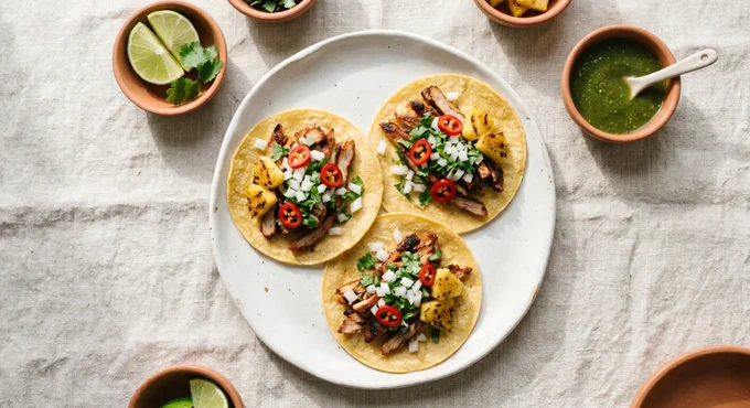A top-down, flat-lay view of three Tacos al Pastor on yellow corn tortillas, arranged on a matte white plate. Topped with white onions, cilantro, red chilies, and grilled pineapple. Set on a light linen tablecloth with terracotta bowls of lime, cilantro, and salsa verde in soft morning light.