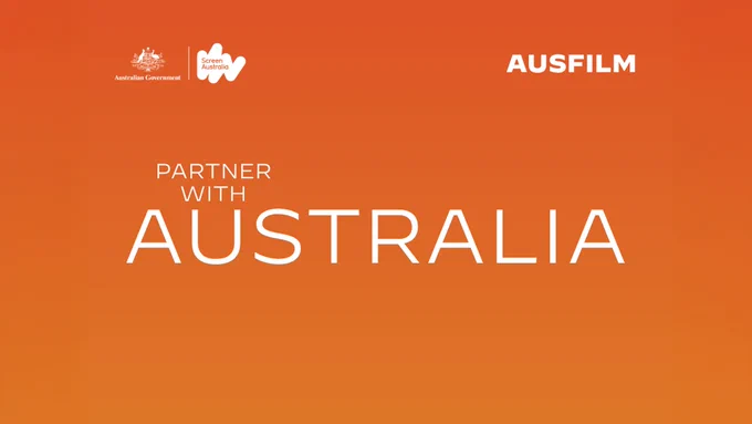 Partner with Australia logo in white on an orange gradient background. In the top left corner is the Screen Australia logo, and in the top right corner is the Aus film logo.
