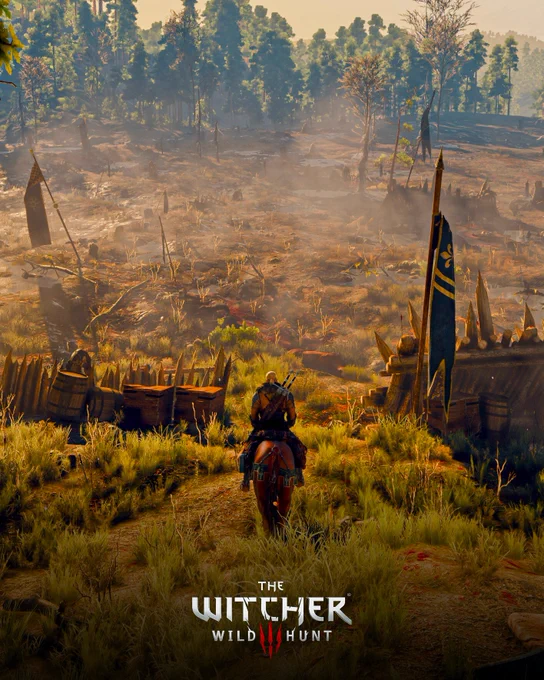 Vertical digital photography of Geralt of Rivia as he rides Roach across a battlefield in Velen. The viewer sees him from behind, walking between two barricades toward a forest in the distance. The Witcher 3: Wild Hunt logo is printed at the bottom.