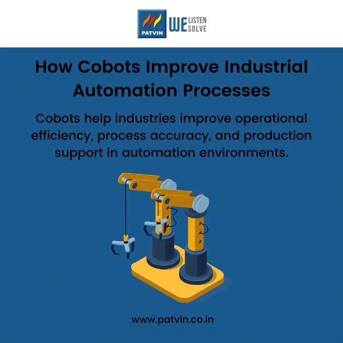 Illustration showing industrial cobots used in automation processes to improve operational efficiency, process accuracy, and production support in industrial environments.