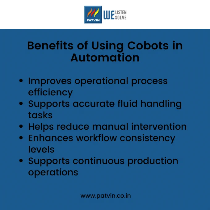 Graphic showing the benefits of using cobots in automation, including improved efficiency, accurate fluid handling, reduced manual work, better workflow consistency, and continuous production support.