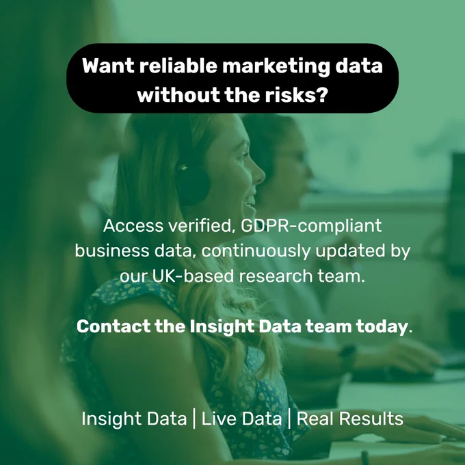 A business advertisement promoting GDPR-compliant marketing data services. Features a professional setting with people working.