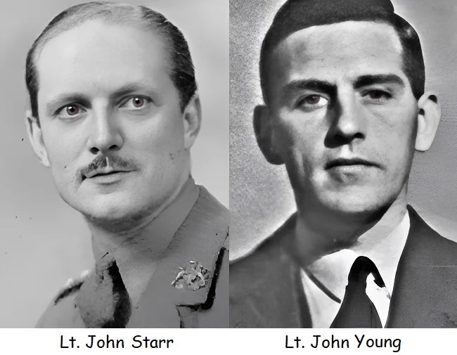 Lt. John Renshaw Starr and Lt. John Cuthbert Young, MBE, CG. 

SOURCES
https://www.specialforcesroh.com/index.php?media/john-starr.21596/

https://www.specialforcesroh.com/index.php?threads/young-john-cuthbert.4203/

MORE INFORMATION
https://en.wikipedia.org/wiki/John_Renshaw_Starr

https://alanmalcher.com/2023/12/15/john-young-soe-wireless-operator-f-french-section/

http://www.plan-sussex-1944.net/anglais/pdf/infiltrations_into_france.pdf