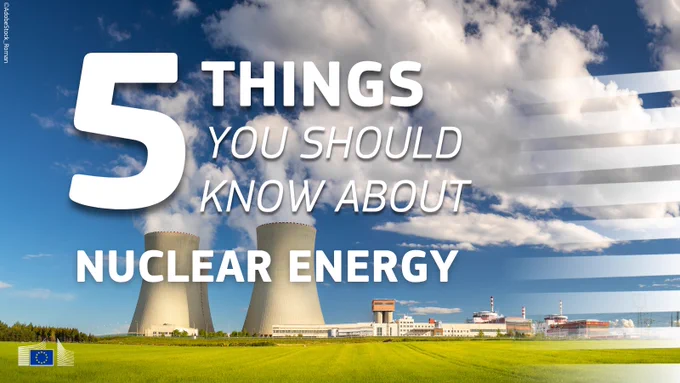 Visual titled “5 Things You Should Know About Nuclear Energy,” featuring a nuclear power plant under a blue, partly cloudy sky with green grass in the foreground. European Commission branding appears on the design.