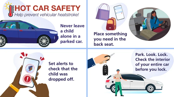 A safety infographic on preventing vehicular heatstroke. Top left: Blue car with a child in the backseat. Text reads "Hot Car Safety. Help prevent vehicular heatstroke. Never leave a child alone in a parked car. Top right: A person driving a car with a child in the back seat next to a phone and purse. Text reads "Place something you need in the back seat." Bottom left: Hand holding a phone with an alert icon. Text reads "Set alerts to check that the child was dropped off." Bottom right: Person standing next to a car under a hand holding car keys. Text reads "Park. Look. Lock. Check the interior of your entire car before you lock."