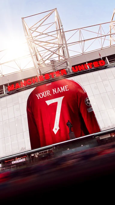 An image of a United home shirt on Old Trafford's East Stand window, currently reading 'Your name, #7'.