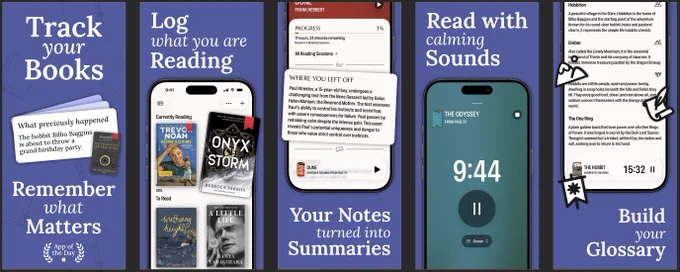 Five App Store screenshots for PocketShelf on a deep blue background with teal accents. The first panel reads "Track your Books" with a "What previously happened" card summarizing The Fellowship of the Ring, plus an "App of the Day" badge. The second shows an iPhone with Currently Reading titles including Born a Crime, Onyx Storm, and Wuthering Heights. The third highlights the note-summary feature and reading progress for Dune at 3%. The fourth shows an Apple Watch playing calming ocean sounds alongside The Odyssey. The fifth displays a glossary for The Hobbit with entries for Hobbiton, Erebor, Hobbits, and The One Ring.