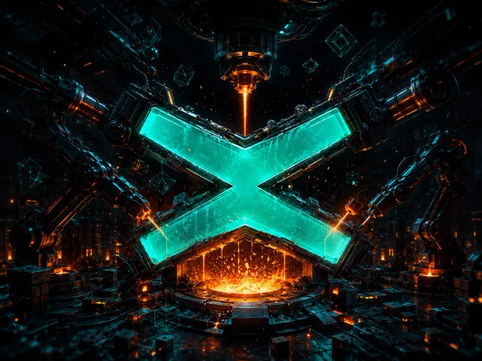 A glowing turquoise "X" is surrounded by metallic robotic arms and particles in a dark sci-fi environment, hinting at technological themes.