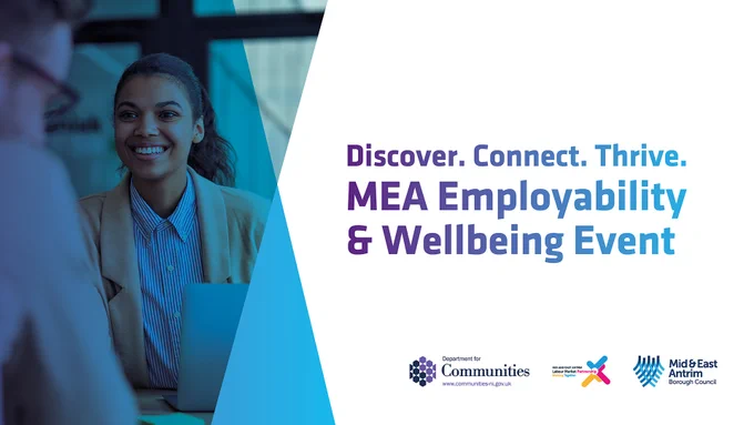 A woman in a suit jacket, smiling towards a man behind a laptop. Image text reads: Discover. Connect. Thrive.  M E A Employability and Wellbeing event.