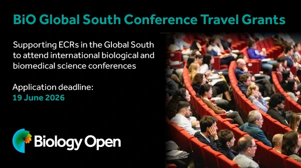 Advert for BiO Global South travel grants, deadline 19 June 2026, with audience photo and a Biology Open logo