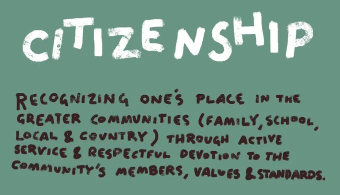 Citizenship: recognizing one's place in the greater communities (family, school, local, & country) through active servie & respectful devotion to the community's members, values, and standards.