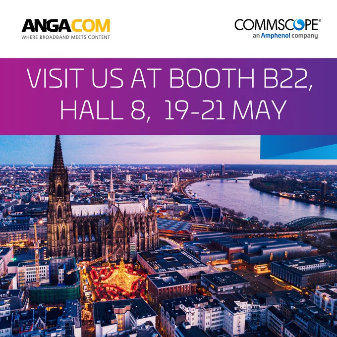 Aerial view of Cologne city at dusk featuring the illuminated Cologne Cathedral and Rhine River with event details for booth B22, Hall 8, 19-21 May.