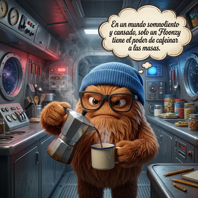 A hairy alien in a blue beanie and glasses pours a cup of coffee on their starship with a determined look on their face. Above their head, a thought bubble with the words... "En un mundo somnoliento y cansado, solo un Floonzy tiene el poder de cafeinar a las masas. Translation: "In a world sleepy and tired, only one Floonzy has the power to caffeinate the masses."