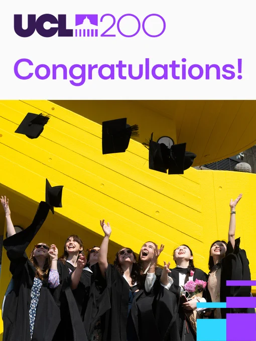 Image of a group of students dressed in black graduation gowns excitedly throwing their black graduation mortarboards into the air. In the backdrop is a vibrant yellow staircase. The image caption reads "Congratulations" and features a UCL200 purple logo.