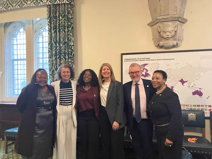 Photo shows the Chair of the International Development Select Committee with David Mundell MP (Commonwealth Parliamentary Association host) and Baroness Chapman, Minister for International Development and Africa with the South African delegation.