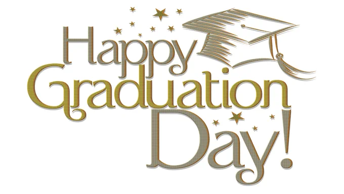 Happy Graduation Day written in brown and gold with a brown graduation cap and tassel over a white background.