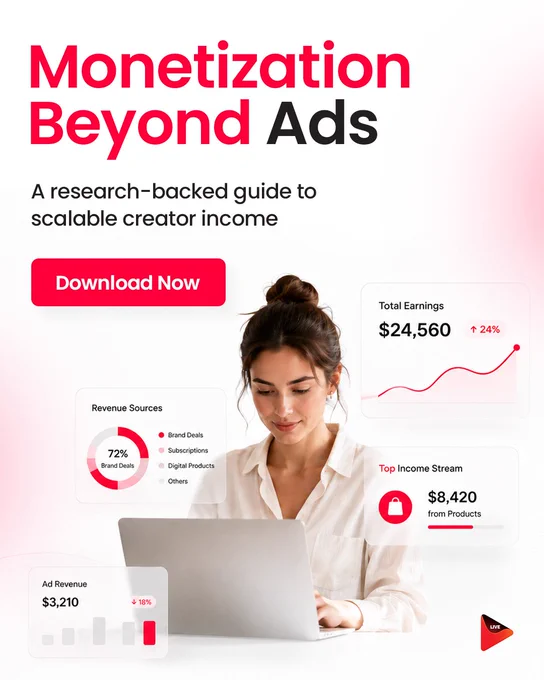 Woman working on laptop with charts showing $24,560 total earnings and $8,420 from product sales for scalable creator income.