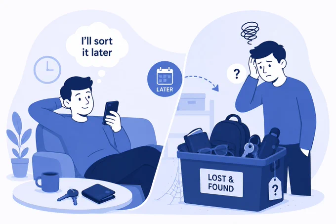 Illustration showing two people dealing with lost belongings. One person relaxes on a sofa looking at their phone with the text “I’ll sort it later”, while another stands beside a box labelled “Lost & Found” filled with misplaced items, appearing stressed and confused. Blue-toned graphic style with icons including a calendar, clock, and question marks symbolising delayed organisation and lost possessions.