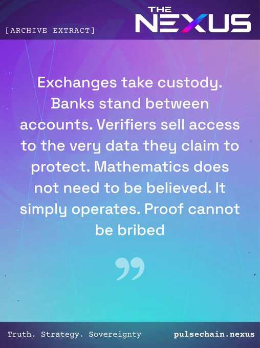 For decades, civilization has relied on trusted third parties to facilitate trade—exchanges hoarding custody, banks standing in the middle, and verifiers monetizing the very data they are supposed to protect. But the missing layer of blockchain has finally arrived, replacing these priests of permission with the unyielding certainty of cryptography.
Protocols like ProveX bind zero-knowledge mathematics to real-world settlement, bridging the gap between human intent and digital certainty. At the same time, networks leveraging zero-knowledge proofs (ZKPs) and zkTLS are entirely eliminating the need for centralized, custodial fiat on-ramps. When you replace human intermediaries with algorithmic truth, the system cannot be frozen, it cannot discriminate, and it cannot be bribed. You do not need to trust the math; you only need to let it operate

https://www.pulsechain.nexus/provex-and-the-end-of-kyc/

 #CryptographicTruth #ZeroKnowledgeProofs #ZKP #NoMoreMiddlemen #DeFiInnovation #CodeIsLaw