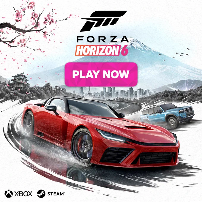 Key art for Forza Horizon 6. white text in pink square in center of image reads 'Play Now'.