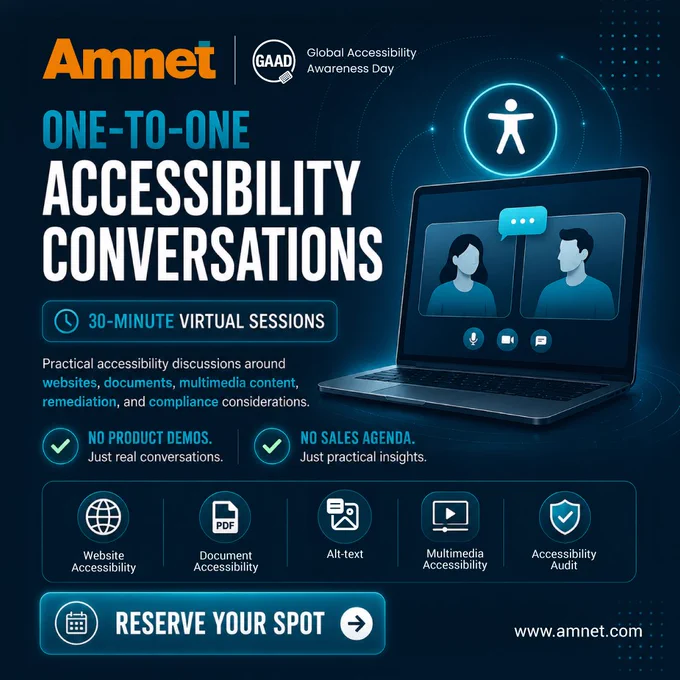 A promotional banner for Amnet’s GAAD one-to-one accessibility conversations featuring a laptop screen with a virtual discussion between two people. The banner highlights 30-minute virtual accessibility sessions covering website accessibility, document accessibility, alt-text, multimedia accessibility, and accessibility audits. Supporting text emphasizes “No Product Demos” and “No Sales Agenda,” along with a “Reserve Your Spot” call-to-action button and GAAD branding.
