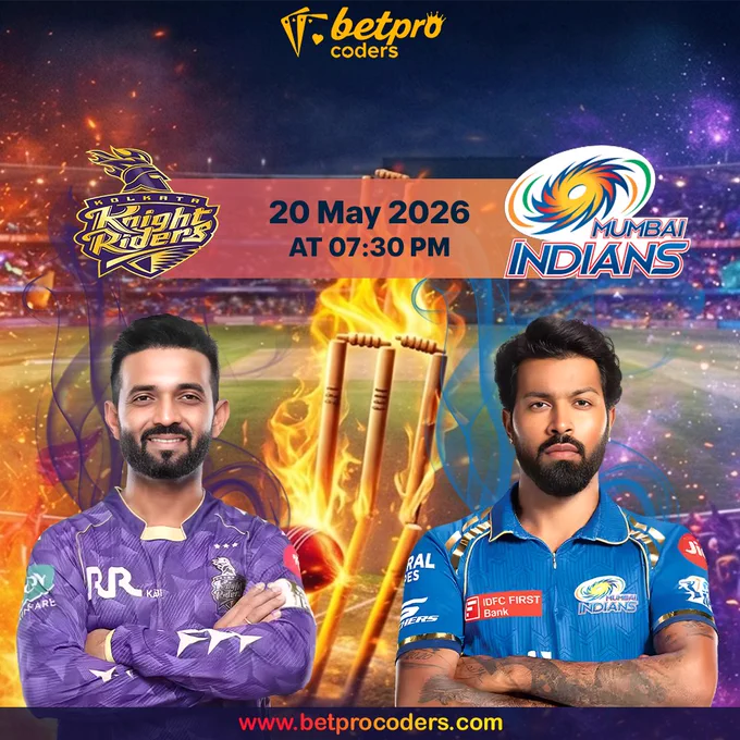 IPL 2026 KKR vs Mumbai Indians prime-time cricket match creative with players, stadium lights, burning stumps, and Betpro Coders cricket iGaming live API services branding.