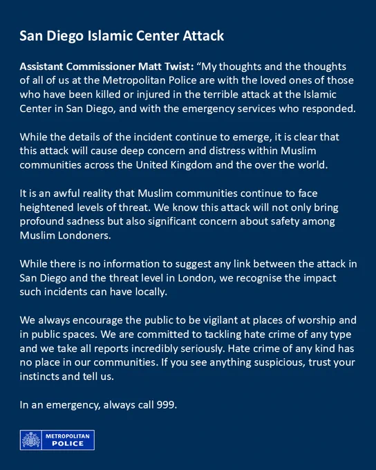 Assistant Commissioner Matt Twist's statement following the attack at the San Diego Islamic Center
