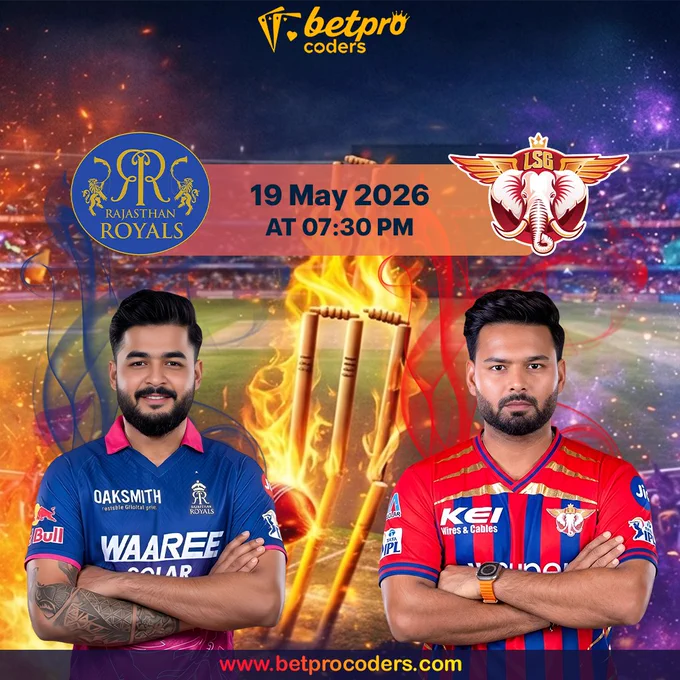 RR vs LSG IPL 2026 match poster featuring Rajasthan Royals and Lucknow Super Giants players with fiery cricket stadium background and Betprocoders branding for live cricket API solutions.