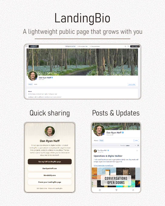 A promotional graphic for LandingBio with a calm, modern design aesthetic. At the top, the text reads “LandingBio” followed by the tagline “A lightweight public page that grows with you.” The center of the image features a large example of a LandingBio profile page with a woodland-themed banner image, profile photo, biography text, and buttons. Below it are two smaller example sections labeled “Quick sharing” and “Updates & posts,” showing how users can share links and longer-form profile content. The overall color palette is soft and neutral with warm beige tones and subtle texture in the background.
