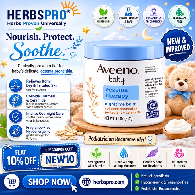 Aveeno Baby Eczema Therapy Nighttime Balm, 11 oz jar with blue lid, formulated with colloidal oatmeal and ceramide to soothe itchy, dry, eczema-prone baby skin overnight. Displayed with HerbsPro branding and promotional offer.