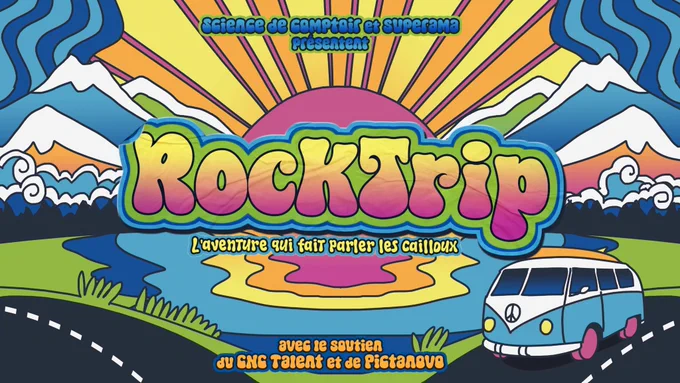 Dessin dans un style flower power d'un van hippie lancé sur les routes de campagne, avec le logo Rocktrip