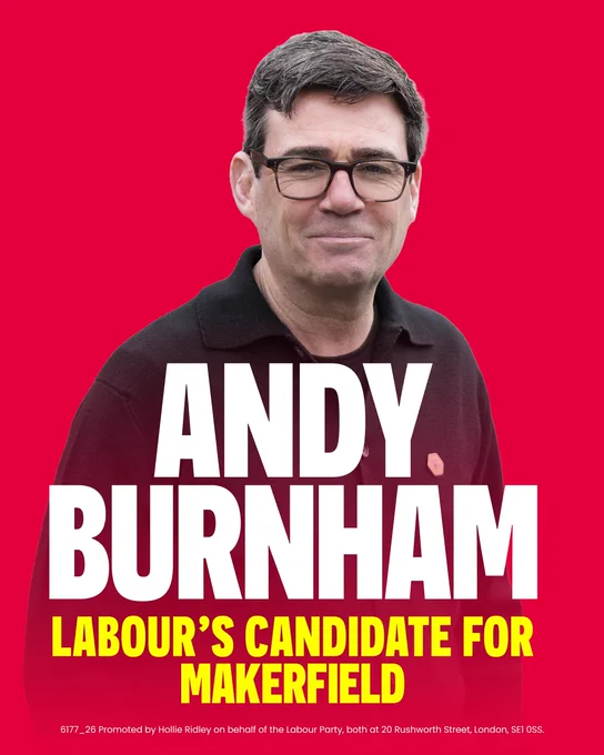 A graphic which reads: Andy Burnham, Labour's candidate for Makerfield