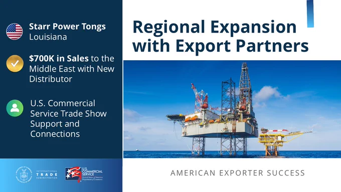 Regional Expansion with Export Partners. Starr Power Tongs, Louisiana. $700K in Sales to the Middle East with New Distributor. U.S. Commercial Service Trade Show Support and Connections.