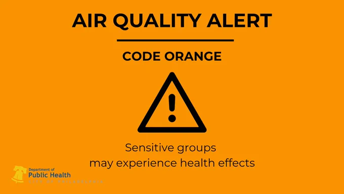 Code Orange air quality alert indicating health risks for sensitive individuals from the Philadelphia Department of Public Health.